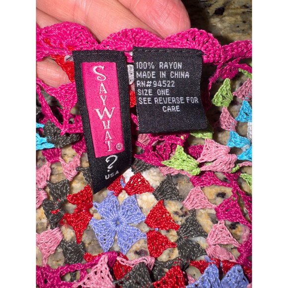 Say What? Crochet Multicolor Fringe Poncho Top One Size 100% Boho Hippie Retro - Picture 6 of 7